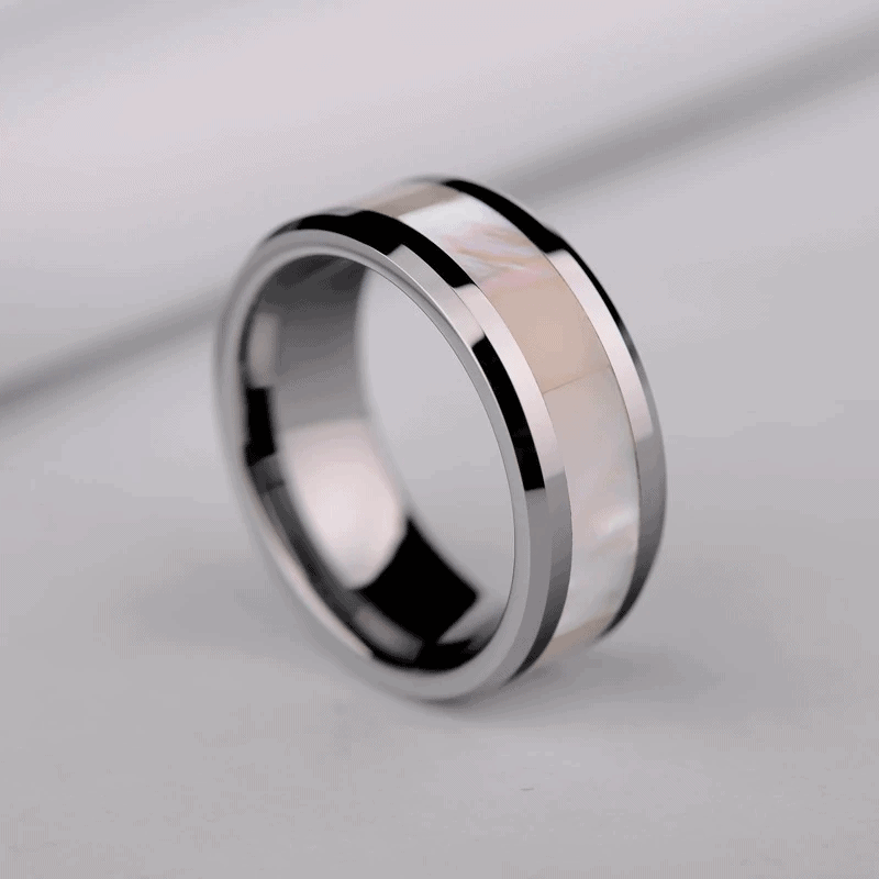 anillo de nácar plateado con centro de tungsteno intuitivo 8 mm