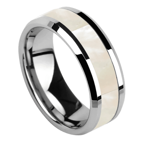 Anillo de nácar para hombre con llantas plateadas, banda de compromiso de aniversario de bodas de tungsteno de 8 mm en todos los tamaños
